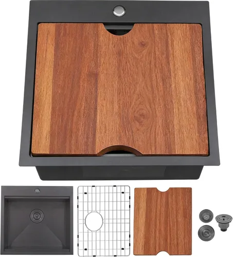 Fregadero de cocina negro de 21 x 20 pulgadas, fregadero de barra empotrable negro, fregaderos cuadrados pequeños de acero inoxidable de montaje