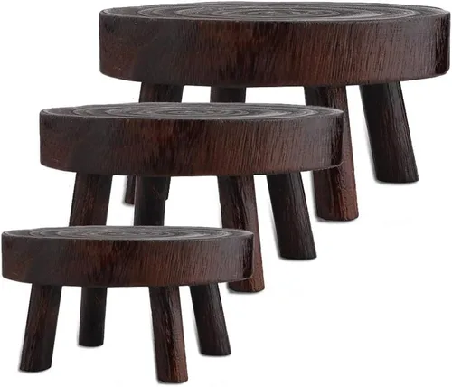 Miniatura 9 de Taburete de madera para plantas, soporte bajo para plantas, soporte redondo para macetas elevadoras, soportes para múltiples plantas, soporte Marrón