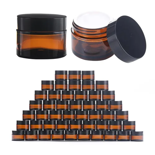 Miniatura 8 de 2oz Frasco de vidrio ámbar de tamaño para viajes, 4 piezas de envases vacíos para loción cosmética con tapa negra y espátula, frasco mini pequeño