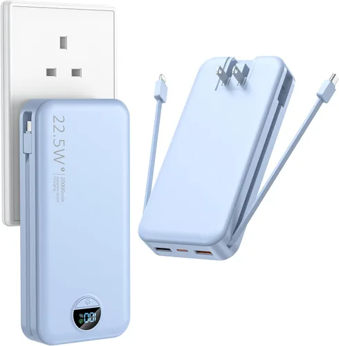 Ffnpua Cargador portátil con enchufe de pared, batería externa de 20000 mAh con USB C de carga rápida, paquete de batería externa con cables