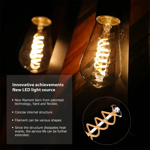 Miniatura 9 de Paquete de 6 bombillas Edison ST19 ST58, bombillas LED vintage, blanco suave de 2700 K, bombilla de filamento LED en espiral flexible antiguo