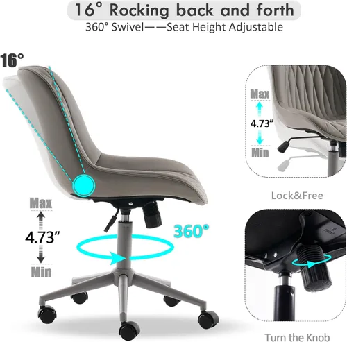 Miniatura 3 de YOUNIKE Silla de oficina ergonómica de piel sintética gris sin brazos, cómoda silla de escritorio con respaldo mecedor, bonita silla giratoria