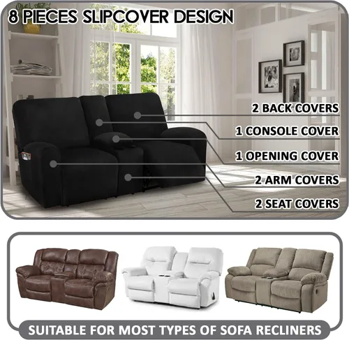 Miniatura 2 de ULTICOR Funda para Sofá de Dos Plazas Reclinable con Consola del Medio, Fundas de Sofá Reclinable de Terciopelo Elástico de 8 Piezas, Gruesas, Negro