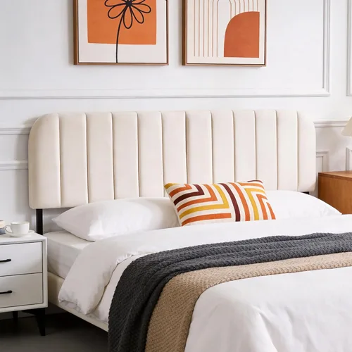 Miniatura 7 de Cabecera tapizada de altura ajustable, cabecera de terciopelo crema, diseño moderno de canal vertical con borde superior de silueta escalonada Beige