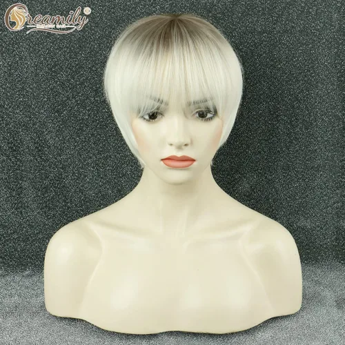 Miniatura 4 de Creamily Peluca corta rubia de corte Pixie con flequillo para mujer, pelucas sintéticas en capas onduladas con raíces oscuras para mujer, peluca