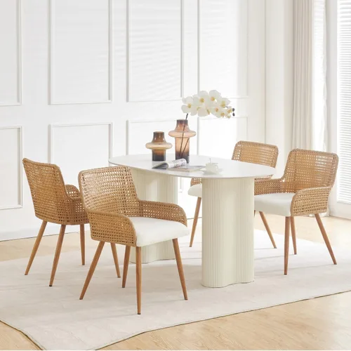 Miniatura 9 de Sillas de comedor de ratán, sillas de comedor tapizadas de tela Boucle con reposabrazos y respaldo de caña de polietileno, sillas de comedor