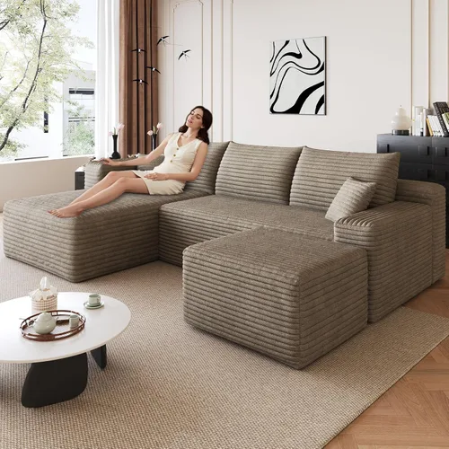 Miniatura 46 de Sofá modular de 95 pulgadas con otomana, moderno sofá nube de pana con asiento profundo, sofá sin hueso tapizado de 3 plazas en forma de U para sala