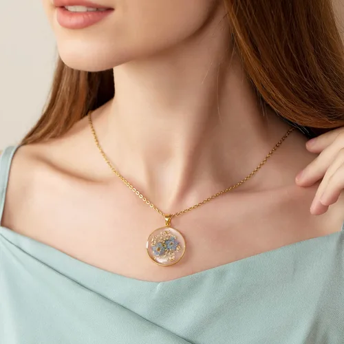 Miniatura 29 de Forget-Me-Not and Queen Anne's Lace Pressed Wildflower Necklace Birth Month Real Flower Necklace Gold/Silver Pressed Flower Jewelry