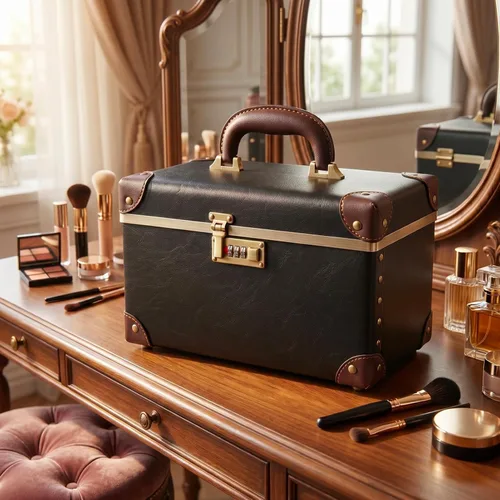 Miniatura 7 de urecity Estuche de maquillaje vintage de piel artificial, organizador profesional de cosméticos con cerradura de combinación de metal, caja