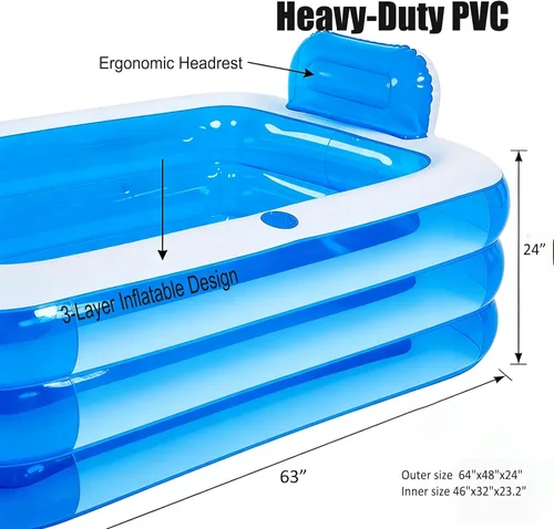 Miniatura 8 de Bañera inflable doble para 2 adultos – Tina inflable portátil de PVC de 3 capas resistente con bomba de aire eléctrica, bañera de hidromasaje