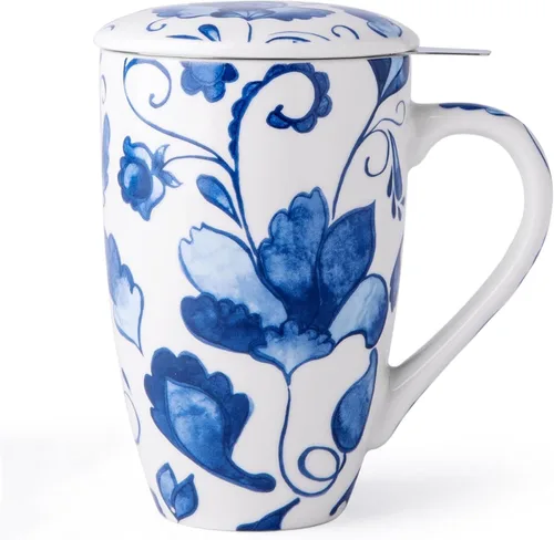 GBHOME Taza de té con infusor y tapa, taza grande de cerámica de hoja suelta de 18 onzas, apta para microondas, apta para lavavajillas, perfecta