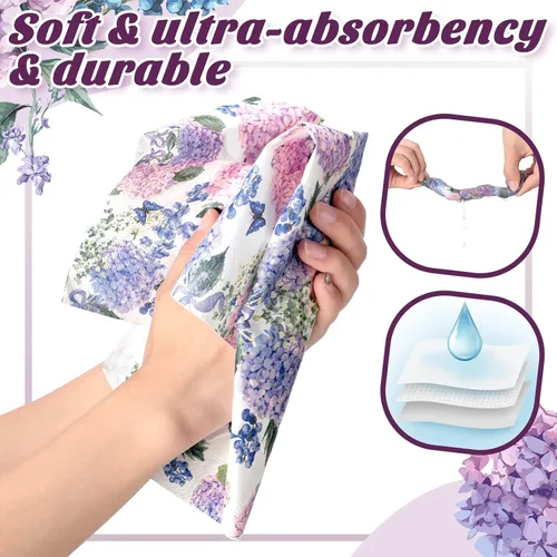 Miniatura 5 de Hotop Paquete de 200 servilletas de hortensias moradas para invitados, día de la madre, servilletas florales de mariposa, desechables, toallas