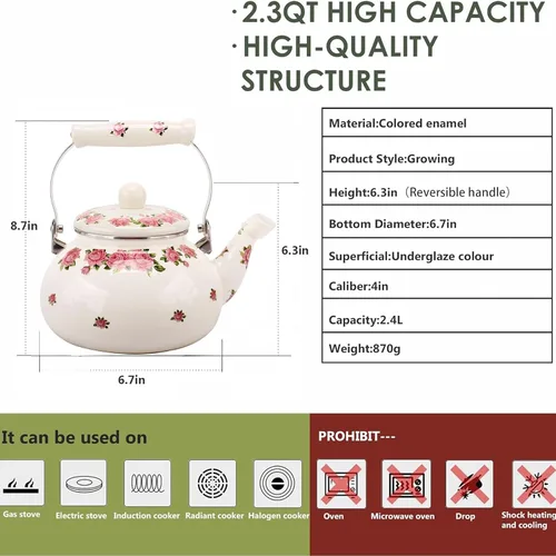 Miniatura 2 de Tetera para estufa, tetera esmaltada grande de porcelana, 2.5 L, tetera colorida de cerámica floral para estufa, diseño clásico retro