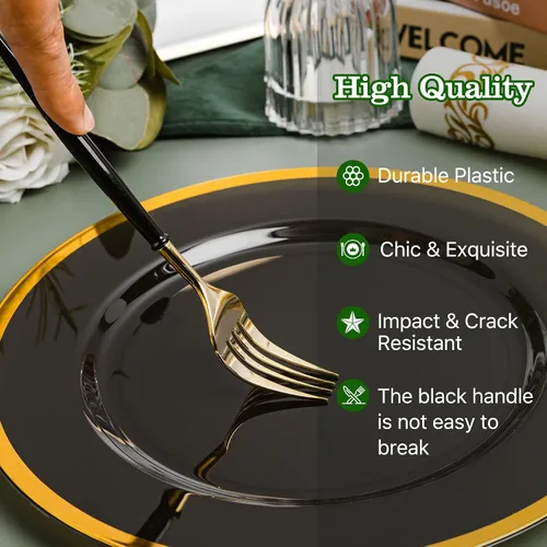 Miniatura 4 de N9R Juego de cubiertos de plástico dorado - 90 piezas con mango negro - Cubiertos de plástico elegantes, resistentes - 30 cucharas, 30 tenedores, 30