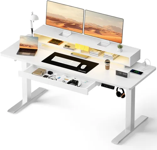 Miniatura 9 de GTPLAYER Escritorio eléctrico de pie con cajones, escritorio de juegos ajustable de altura de 48 x 24 pulgadas con soporte para monitor, tomas