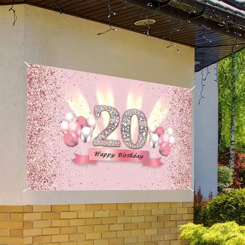 Miniatura 3 de Decoraciones de 20 cumpleaños para mujeres, póster de tela para fiesta de aniversario de 20 años, fondo de foto rosa, suministros de fiesta