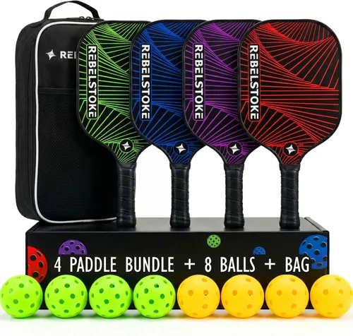Pickleball Paddles Set of 4 – Premium Fiberglass Paddle Set with 14mm Polypropylene Honeycomb Core – Complete Bundle with 8 Indoor/Outdoor Balls &