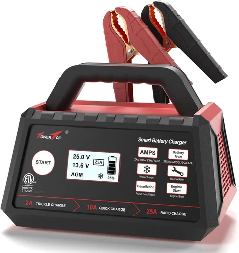 TowerTop Cargador de batería inteligente de coche de 2/10/25 amperios de 12 V, mantenedor de batería completamente automático con arranque del