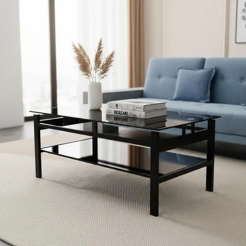 Miniatura 9 de Mesa de centro negra elevable, moderna mesa central pequeña de vidrio templado de 2 capas con almacenamiento, mesa auxiliar ajustable de 37.8