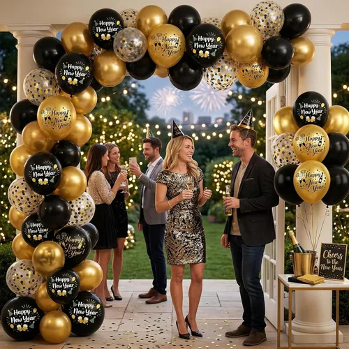 Miniatura 5 de Globos de Feliz Año Nuevo, 50 PCS 12 Pulgadas 2026 Globos Negro Dorado, Globos de Confeti Impresos de Año Nuevo para Decoraciones de Fiesta 2026
