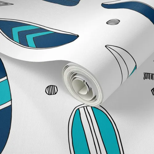 Miniatura 2 de Spoonflower Papel tapiz para despegar y pegar - Tabla de surf Tropical Verano Azul marino Blanco Playa Azul Papel pintado extraíble personalizado