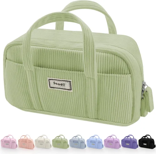 Miniatura 16 de Sooez Estuche grande para lápices, extra grande con 5 compartimentos, bolsa para bolígrafos de amplia apertura, organizador de pana suave con Beige