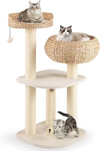 Miniatura 12 de Tangkula Árbol para gatos moderno, torre para gatos pequeña con poste de rascar de sisal natural, condominio para gatos de mimbre hecho a mano