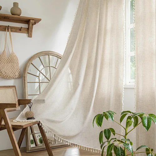 Miniatura 12 de Setaback - Cortinas bohemias de lino para sala de estar, 84 pulgadas de largo, 2 paneles con borlas, estilo campestre bohemio, bolsillo para Gris
