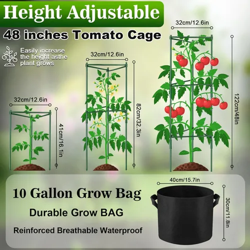 Miniatura 2 de NNG Paquete de 2 jaulas de tomate de 48 pulgadas con bolsas de cultivo de 10 galones, jaulas de soporte para plantas de jardín, estacas de torre