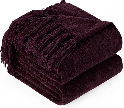 Manta de felpilla para sofá con borlas, 50 x 60 pulgadas, suave, acogedora, ligera, tejida, bohemia, decorativa, para cama y sofá, color berenjena