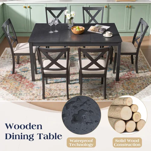 Miniatura 3 de YUMPIE Juego de mesa de comedor de madera de 60 pulgadas, juego de mesa y sillas de comedor de madera de 7 piezas, mesa de cocina con 6 sillas