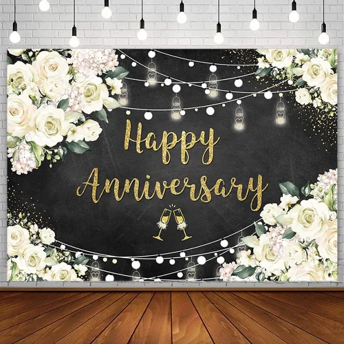 SENDY Telón de fondo floral negro y dorado de 7 x 5 pies, pizarra de tiza con texto en inglés "Love Cheers to 10 años", suministros para fiestas de