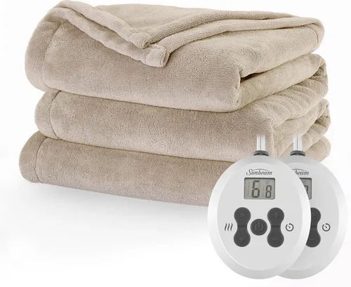 Manta eléctrica térmica Sunbeam Royal Luxe de microfelpa, 12 ajustes de calor, apagado automático seleccionable de 12 horas, calentamiento rápido,