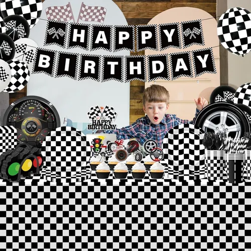 Miniatura 4 de Juego de vajilla de 187 piezas para decoración de fiesta de cumpleaños de coche de carreras, incluye platos de fiesta de autos de carreras