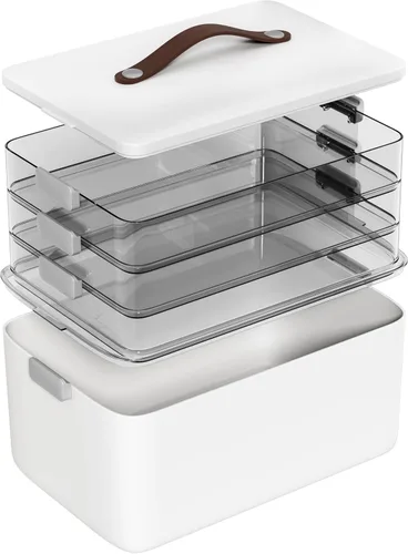 MOPALL Caja organizadora de almacenamiento de medicamentos de 4 niveles, contenedor portátil con pestillo, tapa y asa de cuero, organización de
