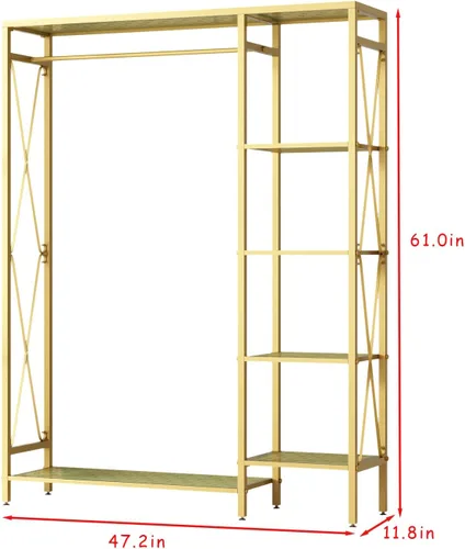 Miniatura 6 de TIEOU Estantes de ropa dorados modernos independientes, estante de ropa dorado con estantes para boutiques, estante de ropa resistente para colgar