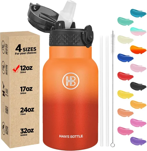 Miniatura 53 de Han's Bottle - Botella de agua para niños con tapa con pajilla - Vaso reutilizable de acero inoxidable aislado para niñas, niños, taza termo, 17