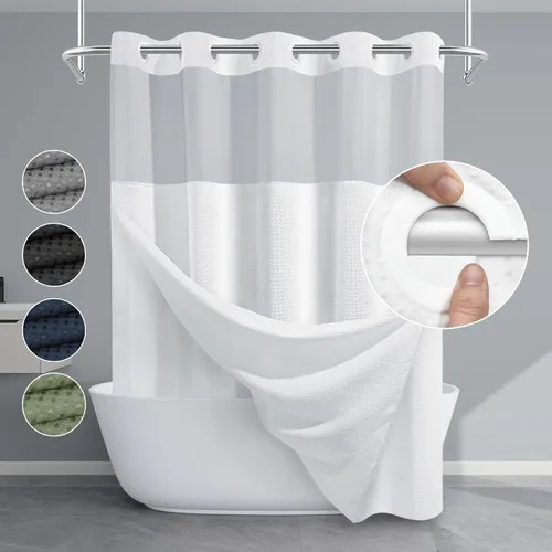 Miniatura 8 de EUTXL Cortina de ducha beige sin gancho con forro a presión, cortinas de ducha de tejido gofre de 230 GSM para baño, 54 pulgadas de ancho x 80