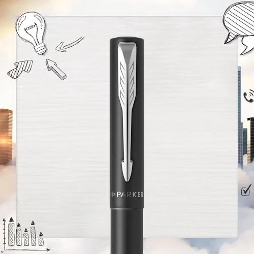 Miniatura 5 de PARKER Pluma estilográfica Vector XL Laca negra metálica sobre latón Punta mediana con recarga de tinta azul Caja de regalo