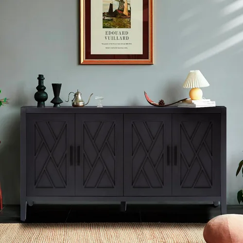 LUMISOL Aparador de buffet negro vintage, gabinete de almacenamiento americano con estante ajustable, consola de 4 puertas, soporte para TV de hasta