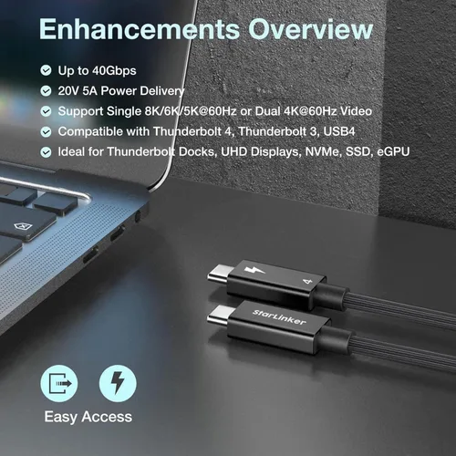 Miniatura 2 de Cable Thunderbolt 4 de 40 Gbps [6.6 pies 6.6 ft] trenzado, carga PD, transferencia de datos de alta velocidad y 8K @60Hz 4K a 144Hz, USB C