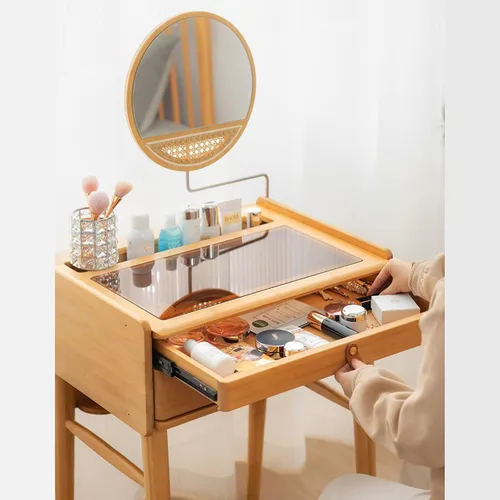Miniatura 4 de Escritorio de maquillaje para dormitorio con espejo, tocador con 2 cajones, escritorio de tocador con silla de tocador, juego de tocador