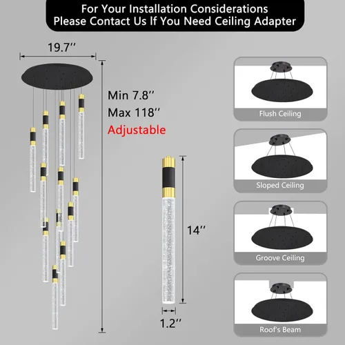 Miniatura 2 de Lámpara de araña moderna de 118 pulgadas con 12 luces para sala de estar, luminaria LED regulable para entrada, luz de techo alto, iluminación