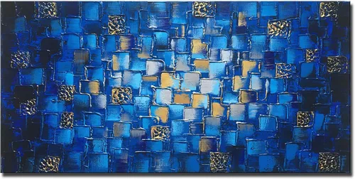 Miniatura 25 de MyArton Arte de pared de lienzo texturizado, cuadrados abstractos, pintado a mano, pintura al óleo moderna de color azul oscuro, imagen