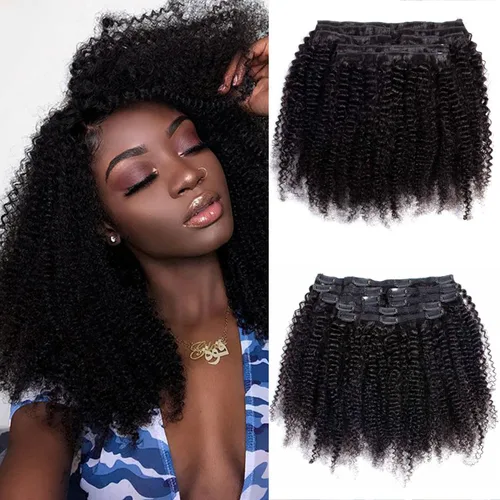 Miniatura 11 de Extensiones de cabello humano real rizado con clip, para mujeres negras, extensiones de cabello humano rizado brasileño 3C 4A, 10 piezas con 21