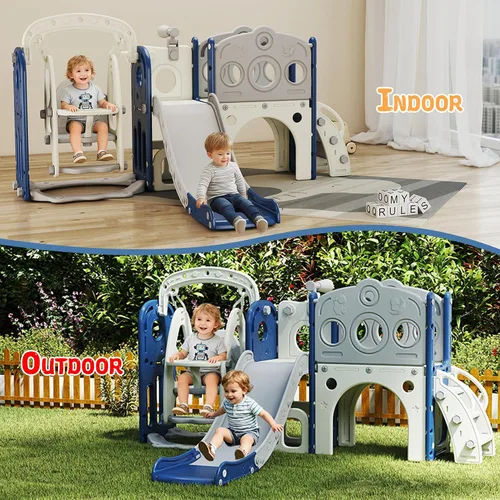 Miniatura 8 de Set de juego de tobogán y columpio 9 en 1 para niños pequeños, tobogán para niños de 1 a 3 años, juego de juego para interiores y exteriores con aro