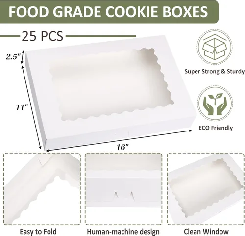 Miniatura 2 de TOMNK 25 piezas Cajas para galletas con ventana, 16x11x2.5 pulgadas Cajas de panadería grandes con despliegue automático para golosinas, postres