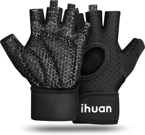 Miniatura 13 de ihuan Guantes transpirables para levantamiento de pesas: soporte de muñeca para ejercicio sin dedos Mejora la protección de la palma Agarre Verde