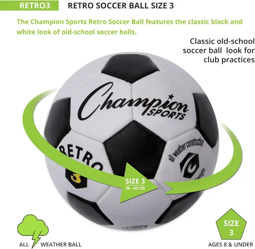 Miniatura 3 de Champion Sports® Balón de fútbol retro – Diseño clásico en blanco y negro, cubierta de TPU de tacto suave, balón para todo clima para juego de club