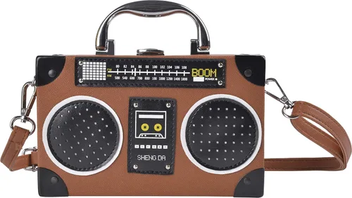 QZUnique Bolso de hombro en forma de cinta con grabador de radio PU Crossbody bolso de noche retro para mujer, bolso de mano
